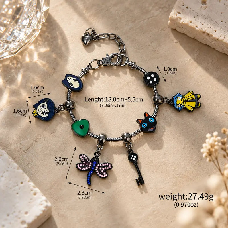 Corallne Secret Door Charm Bracelet with Enamel Button and Key Pendants