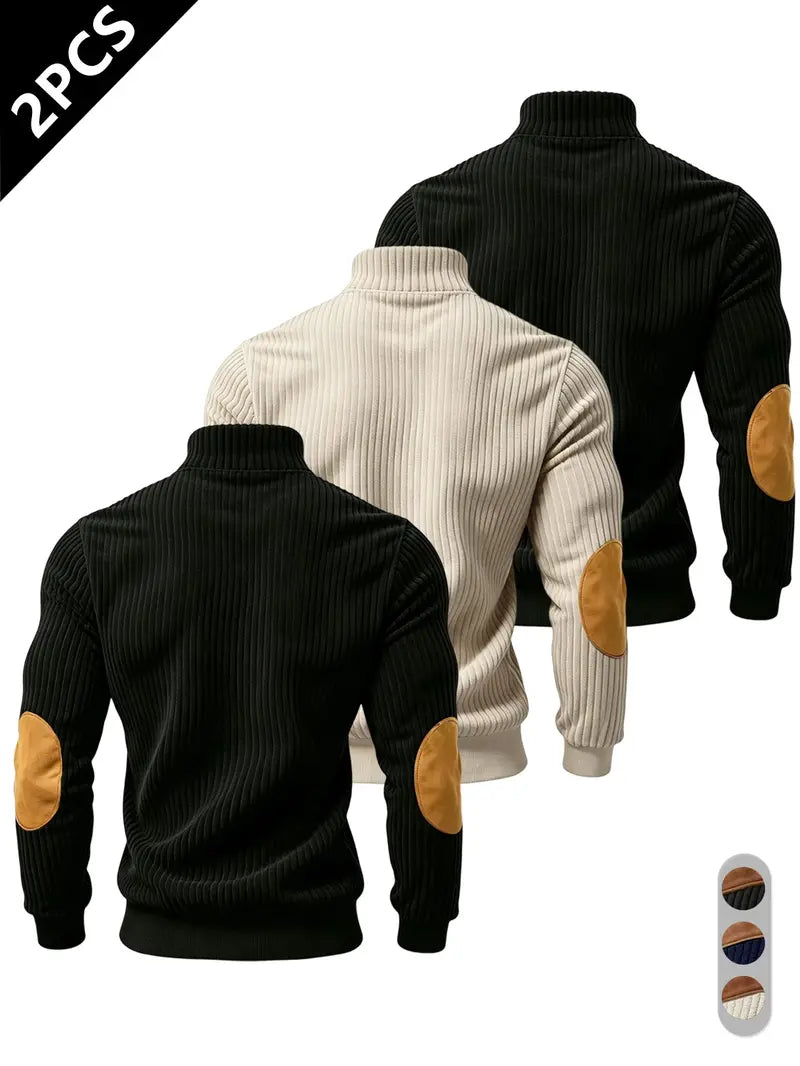 Men's Half-Zip Stand Collar Knit Top, Suede Texture Shoulder Patches, Bull Head Print, Slim Fit, Retro American Style, Casual Wear, Knitwear