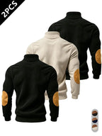 Men's Half-Zip Stand Collar Knit Top, Suede Texture Shoulder Patches, Bull Head Print, Slim Fit, Retro American Style, Casual Wear, Knitwear