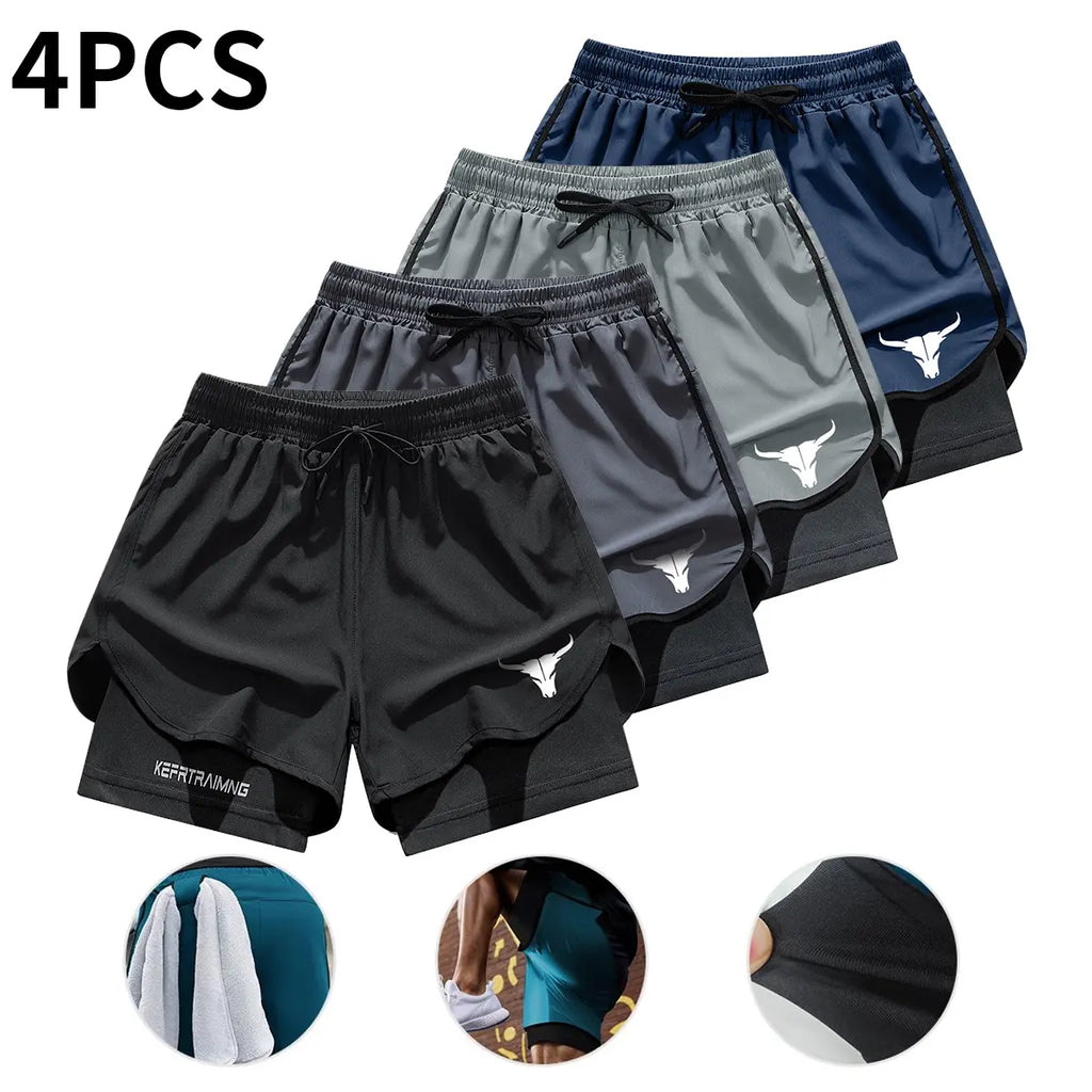4-Pack Men's 2-in-1 Double-Layer Gym Shorts with Pockets