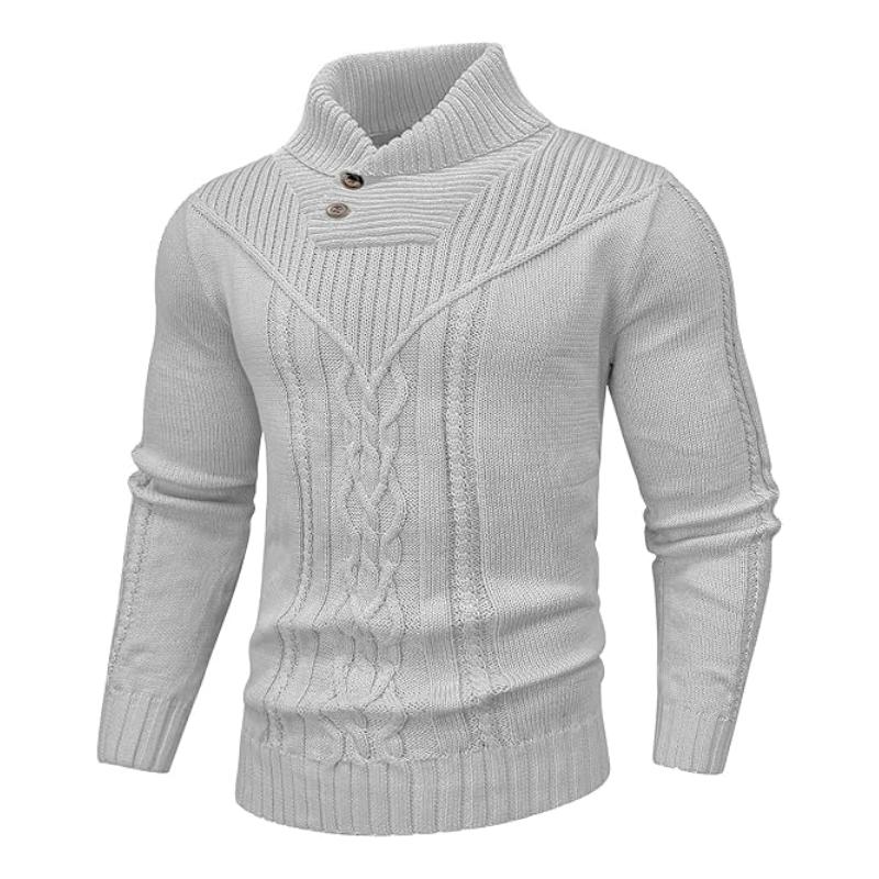 Wizoat Men's Clothing Long Sleeve Shawl Collar Cable Knit Button Fit Knitted Pullover Knitwear - Plain Black, Soft, Relaxed-Fit, Ribbed Cuffs Casual Top, Warm Fall Winter Layer for Daily Office, Matches Shirts Jeans, Hand Wash,sohochic