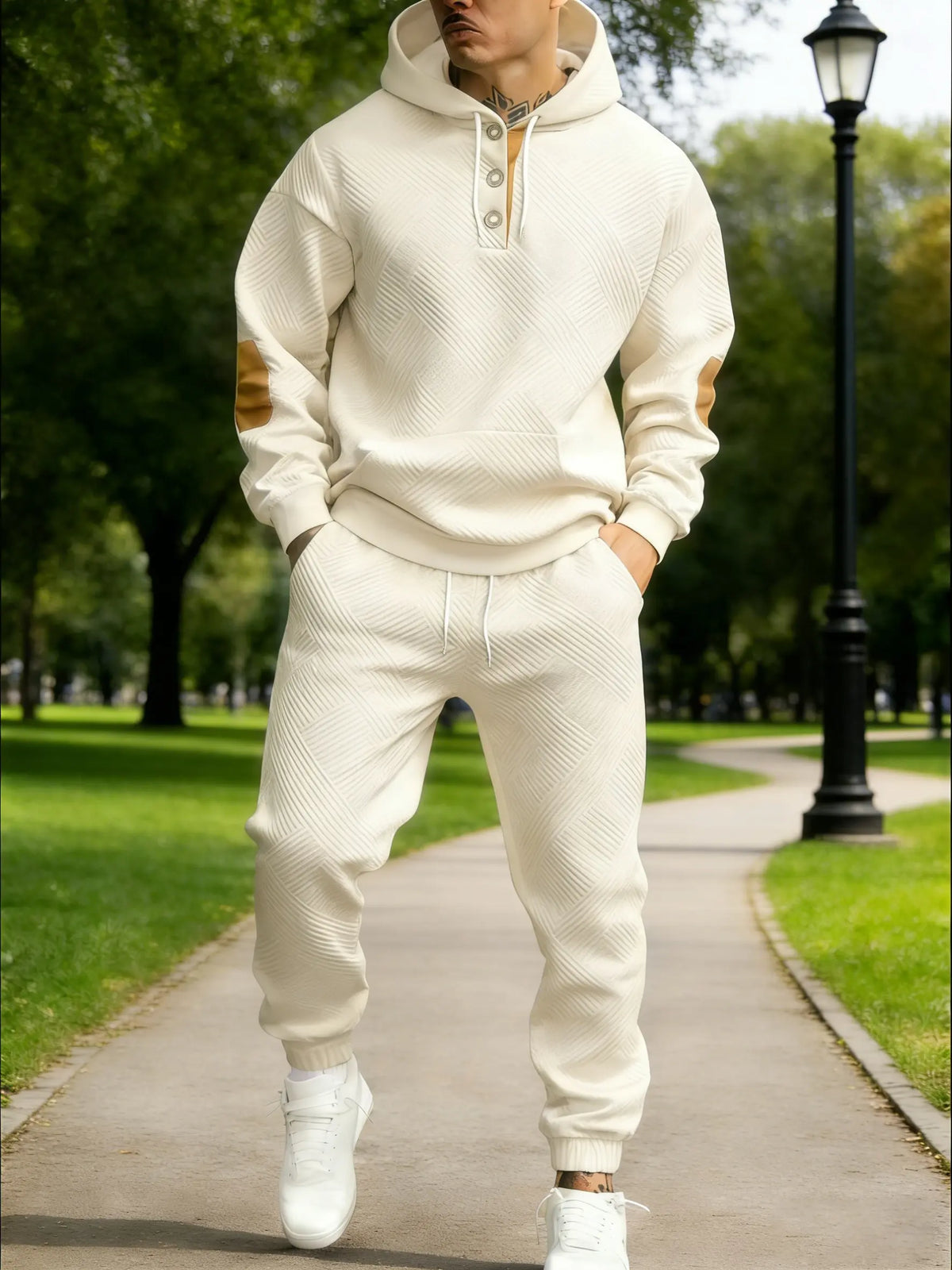 Men's 2-Piece Textured Hoodie Sweatsuit Set Outfit - Heavyweight Brushed Fleece Pullover Hoodie & Men's Sweatpants, Athleisure Street Fit Casual Sportswear Set