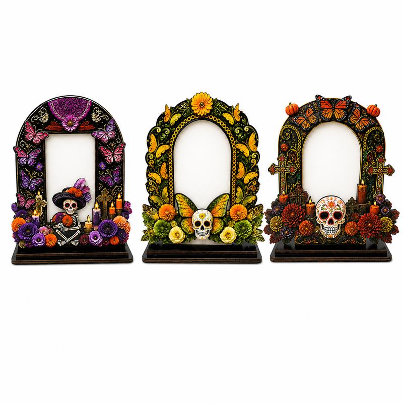 Traditional Día de los Muertos Wooden Picture Frame - Mexican Altar Tabletop Display, Multi-Style Photo Holder with Skulls/Marigolds, Indoor Recreation Home Decor