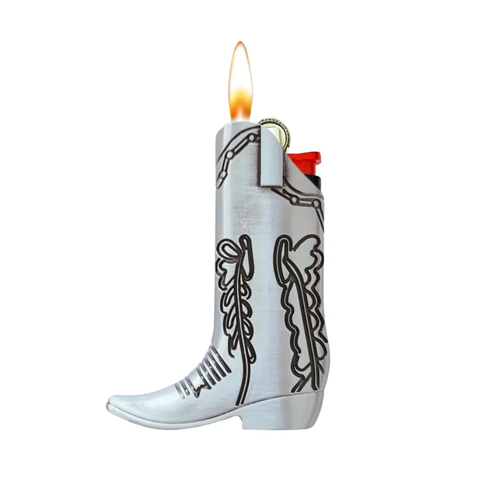 Silver Metal Cowboy Boot Lighter Case - Accessory for Mini Bic J5, Stylish Lighter Cover, Ideal for Home or Everyday Carry, Lighter Covers