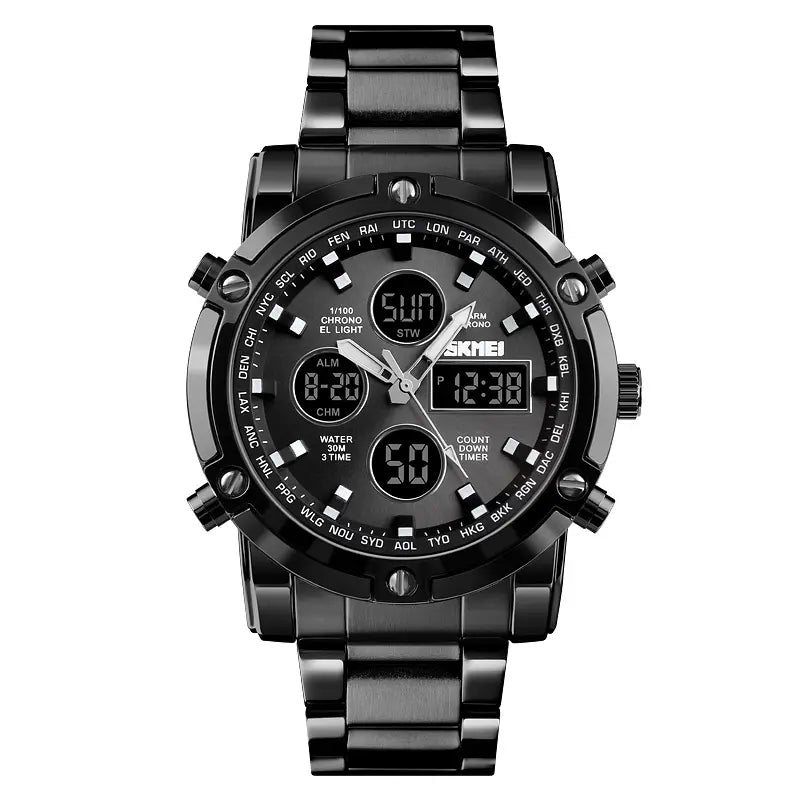 SKMEI Luxe Men's Casual Trendy Wristwatch - 2-Tone Stainless Steel Analog-Digital, 3 Time Zones, Illuminated Screen, Backlight, Alarm, Waterproof Chronograph Watch, Birthday Gift for Him