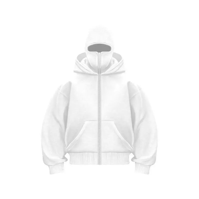 Balaclava Hoodie With Built-In Zip - Black Polyester Long Sleeve Men's Athletic Sweatshirt for Autumn Winter Sports & Casual Wear