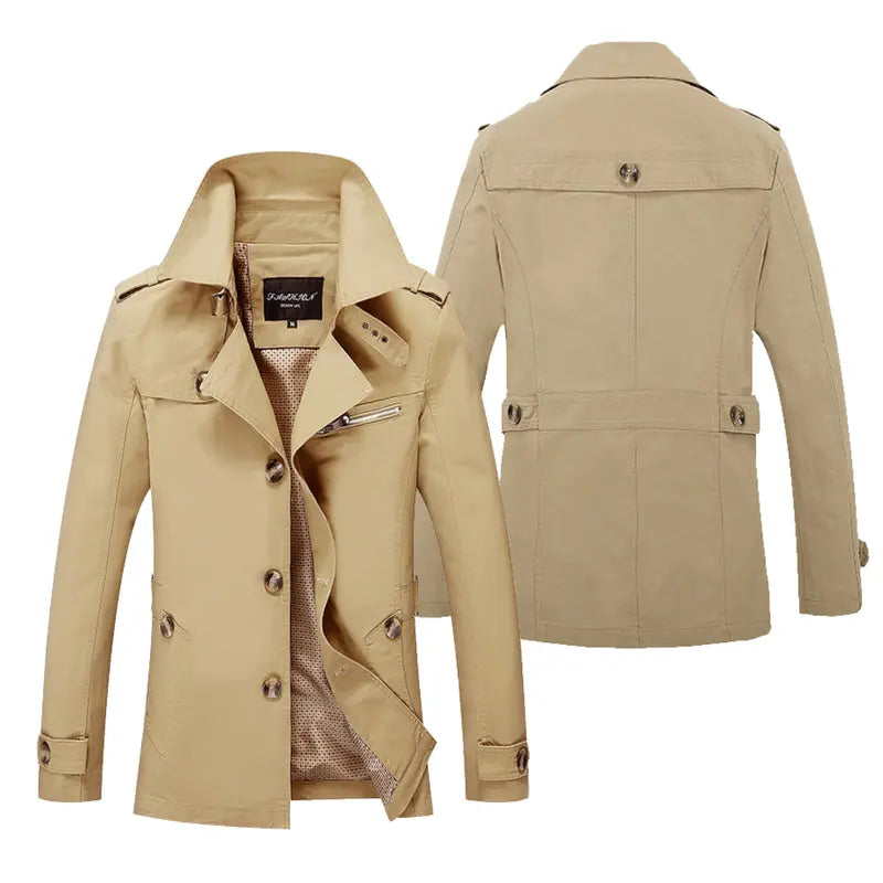 Men’s Elegant Plain Long Pea Coat - Single-Breasted, Turn-Down Collar, Slim Fit Casual Outdoor Jacket, Mens Tops Outerwear for Office, Everyday Wear