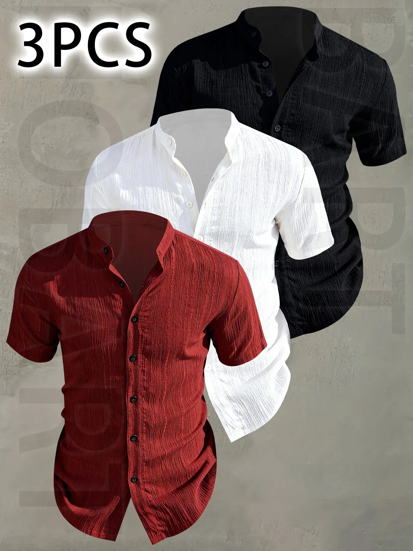 3pcs Men's Summer Lightweight Casual Button-Up Shirts with Stand Collar