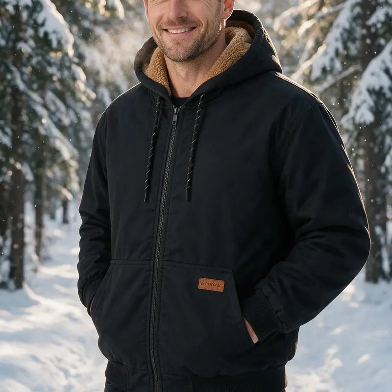 Men's Fleece-Lined Hooded Winter Coat with Full Zip and Pockets