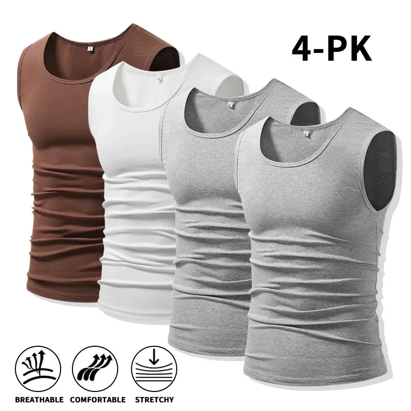 Men 4Pack Cotton Muscle Tank Tops Comfort Stretchy Breathable Summer Workout Sleeveless Sports Undershirts (optional sets of 4 or 2) High Elasticity Lifestyle Beater
