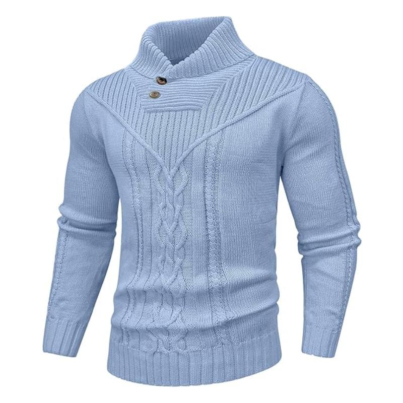 Men's Shawl Collar Cable Knit Pullover Sweater with Button Detail and Long Sleeves for Winter
