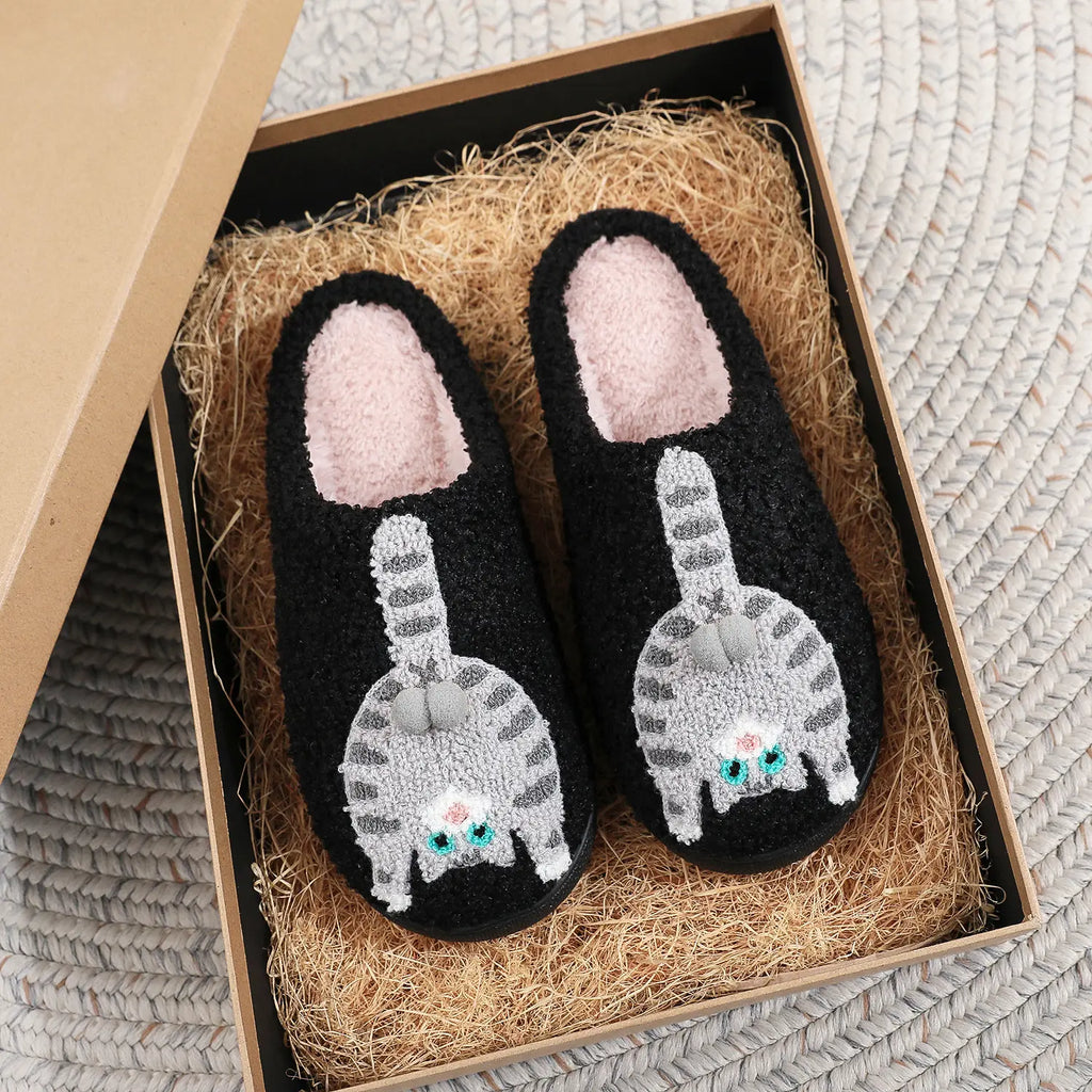 Women's Cat Cotton Slippers Fun & Comfortable Plush Footwear for Men & Women Autumn Winter Indoor Use Cozy Stylish - Girl Black
