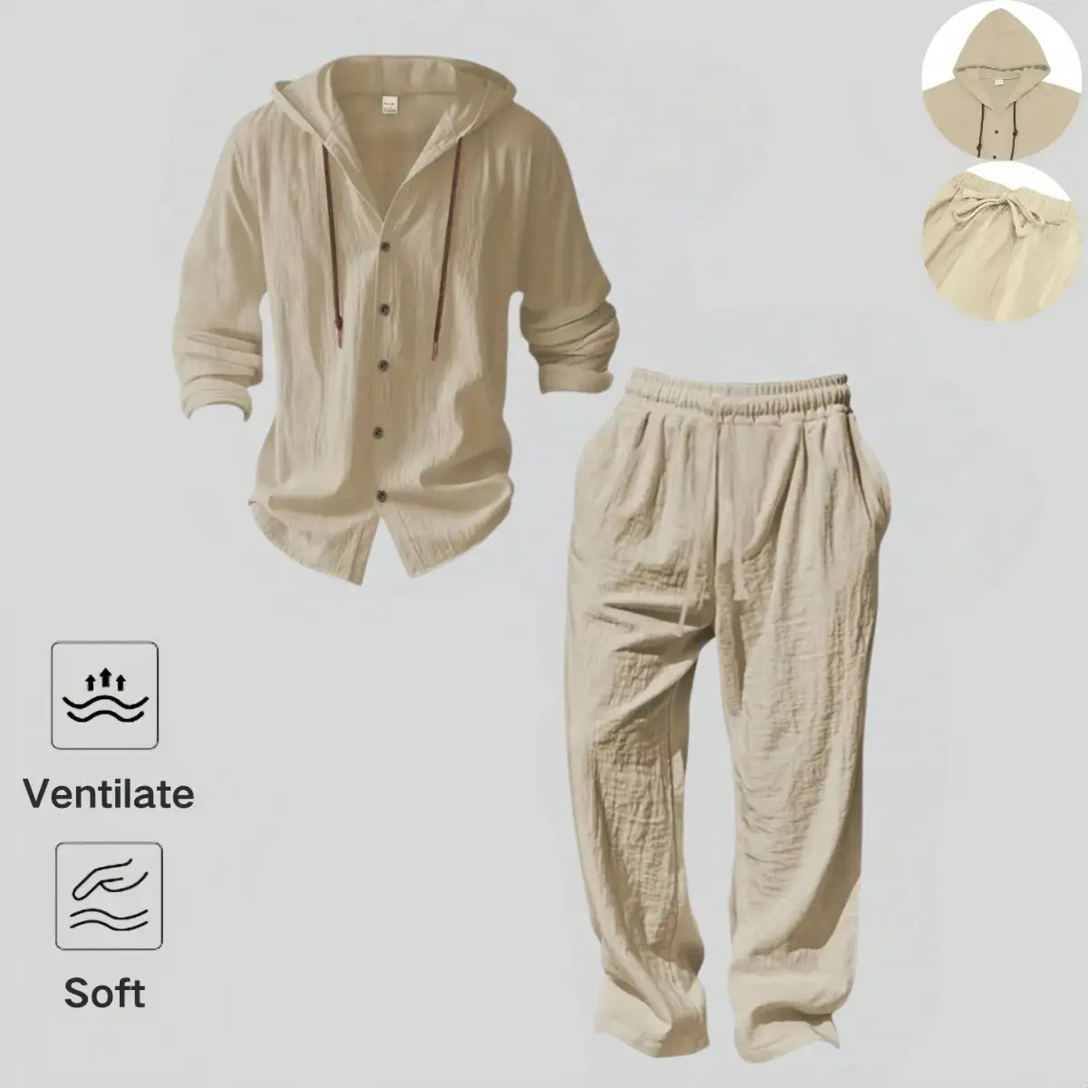 Men's 2-Piece Linen Hooded Lounge Set – Lightweight Loose Fit Hoodie & Wide-Leg Pants