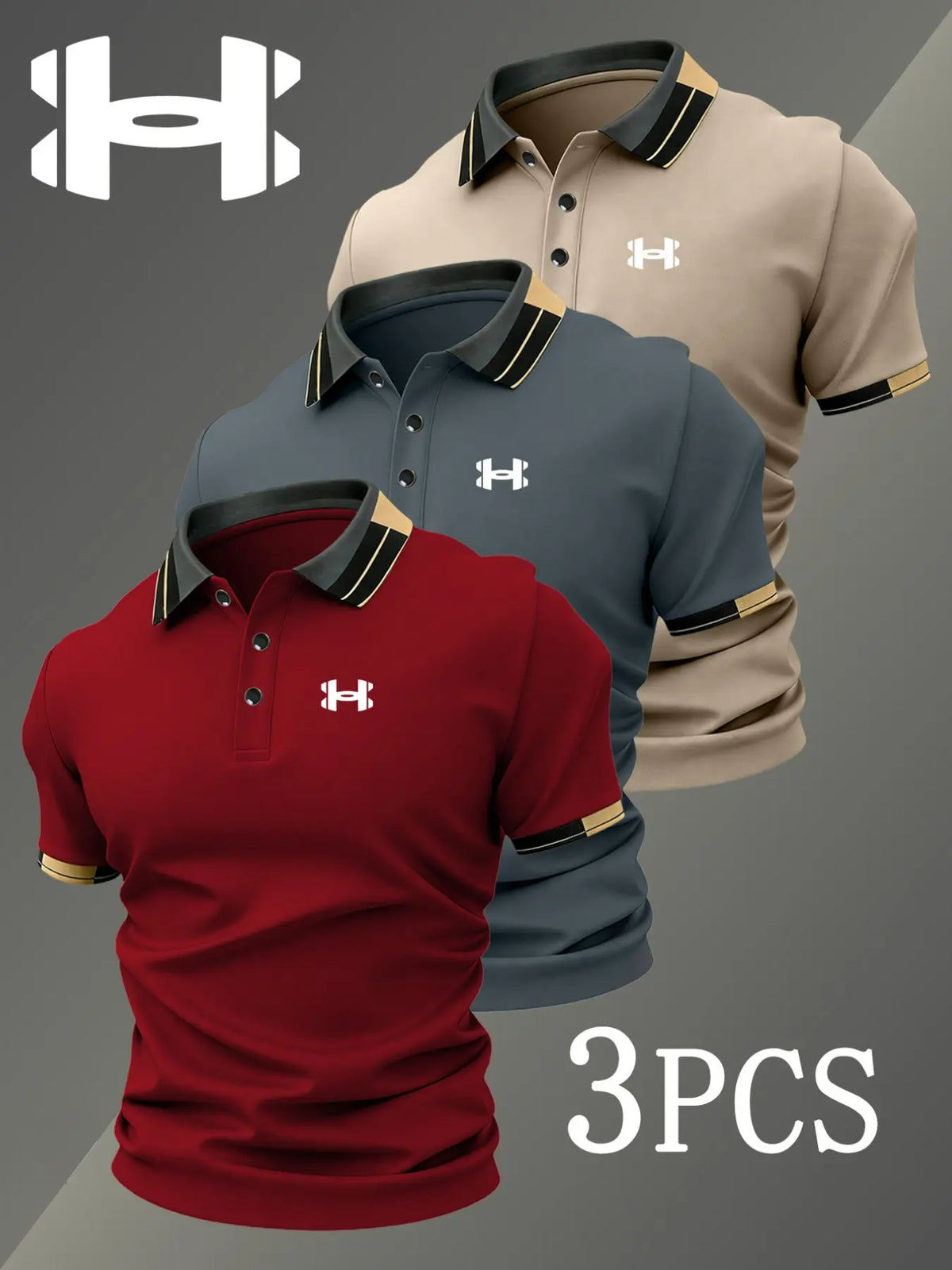 Men's Golf Polo Shirts Set, Fashion Logo Print, Fitted Trendy Casual Geometric Pattern, Breathable Stretchy Fabric, All-Season Comfort, Short Sleeve Polo, Collared Polo Shirts