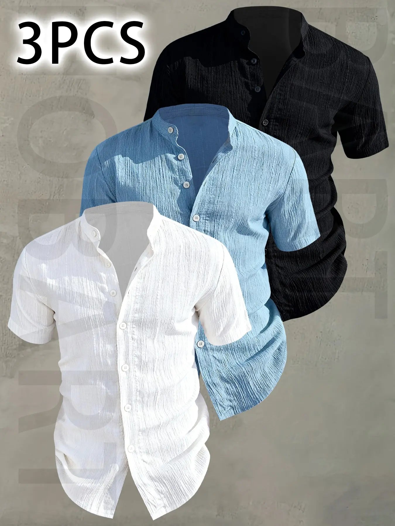 3pcs Men's Summer Lightweight Casual Button-Up Shirts with Stand Collar