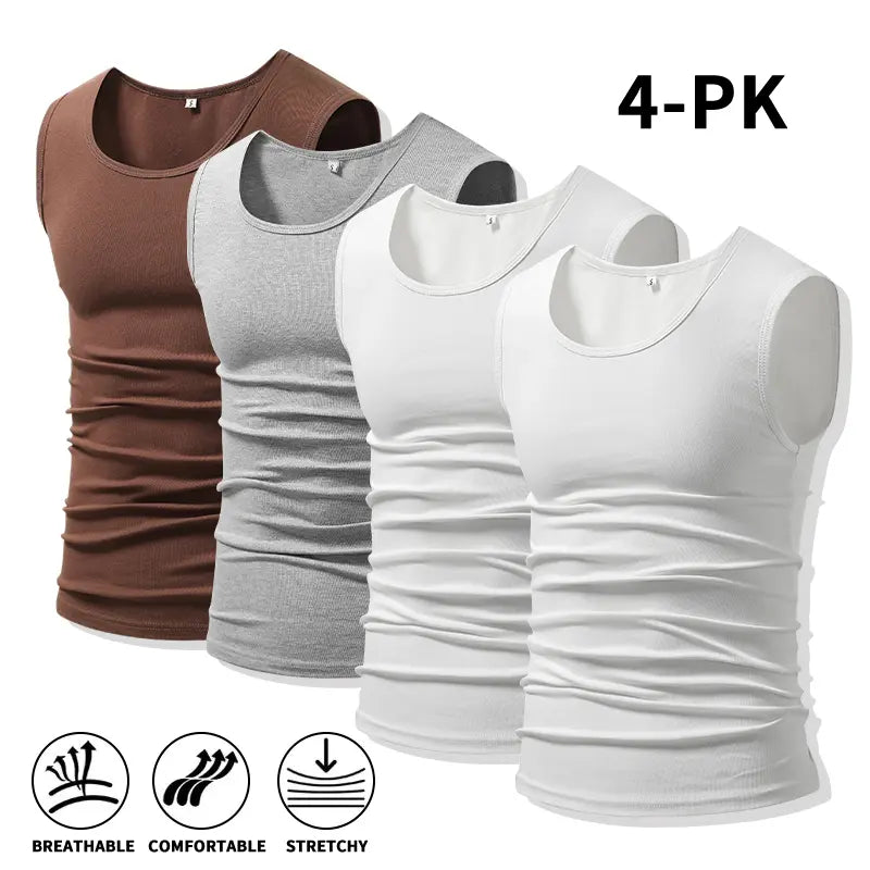 Men 4Pack Cotton Muscle Tank Tops Comfort Stretchy Breathable Summer Workout Sleeveless Sports Undershirts (optional sets of 4 or 2) High Elasticity Lifestyle Beater