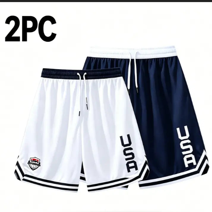 Men's 2-Pack Baggy Ice Silk Athletic Shorts, Loose-Fit with USA Letters All Over Print, Elastic Waist, Quick-Dry for Basketball & Gym, Machine Washable Men's Shorts, Fashion Apparel, Baggy Shorts