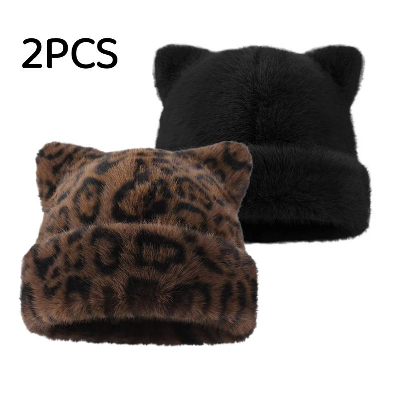 Cute Cat Ear Plush Hat, Fuzzy Leopard Print Winter Beanie, Soft Warm Cuffed Animal Hat for Women and Teens, Daily Wear, Holiday Gift