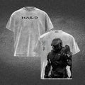 Halo Master Chief Double Printed Acid Washed Tee Vintage Gaming Graphic T Shirt Oversized Loose Fit Soft Cotton Short Sleeve Crew Neck Retro Streetwear Lightweight Casual Daily Wear Trendy Gamer Top Holiday Gift for Men Women