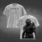 Halo Master Chief Double Printed Acid Washed Tee Vintage Gaming Graphic T Shirt Oversized Loose Fit Soft Cotton Short Sleeve Crew Neck Retro Streetwear Lightweight Casual Daily Wear Trendy Gamer Top Holiday Gift for Men Women