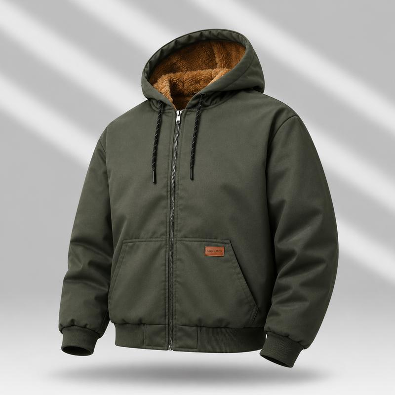 Men’s Fleece-Lined Hooded Winter Coat - Menswear Outerwear with Full Zipper, Windproof Design, Pockets, Plain Stylish Minimalist Look, 3 Colors, Ideal for Cold Weather Everyday Wear