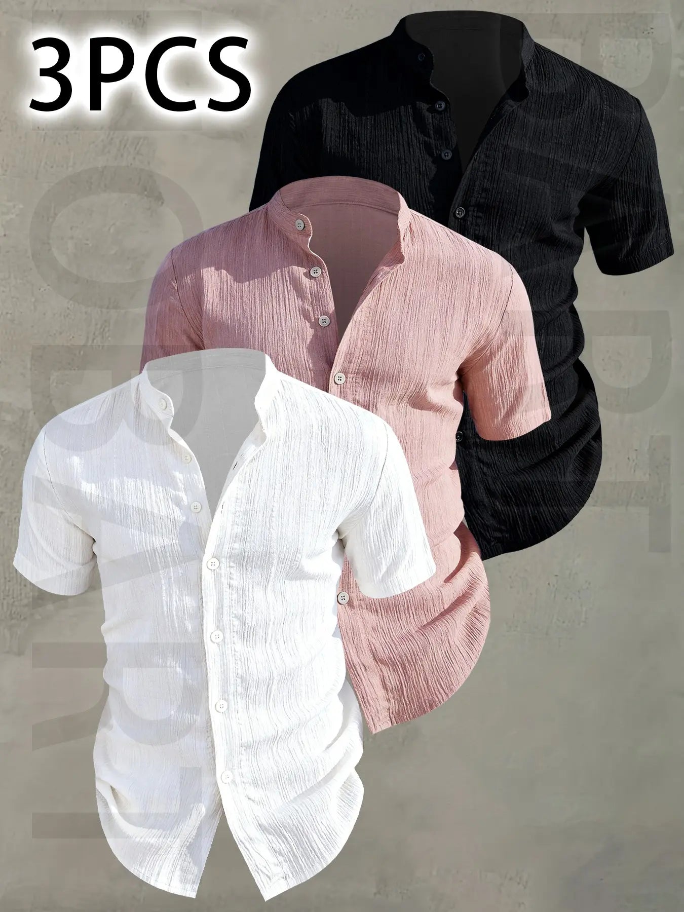 3pcs Men's Summer Lightweight Casual Button-Up Shirts with Stand Collar