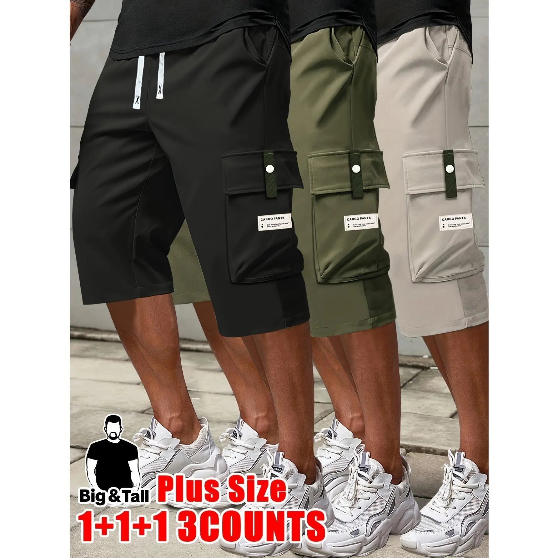 Men's Plus Size Cargo Shorts - Elastic Drawstring Waist & Multi-Pockets