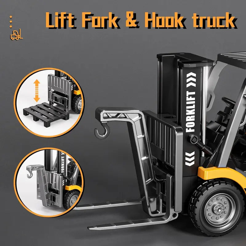 1/64 MINI RC Forklift Toy,Remote Control Engineering Truck with Lights & Sounds,2 in 1 Lift Fork & Hook Truck for Adults Boys Kids Age 6-8 8-12 Years Old.