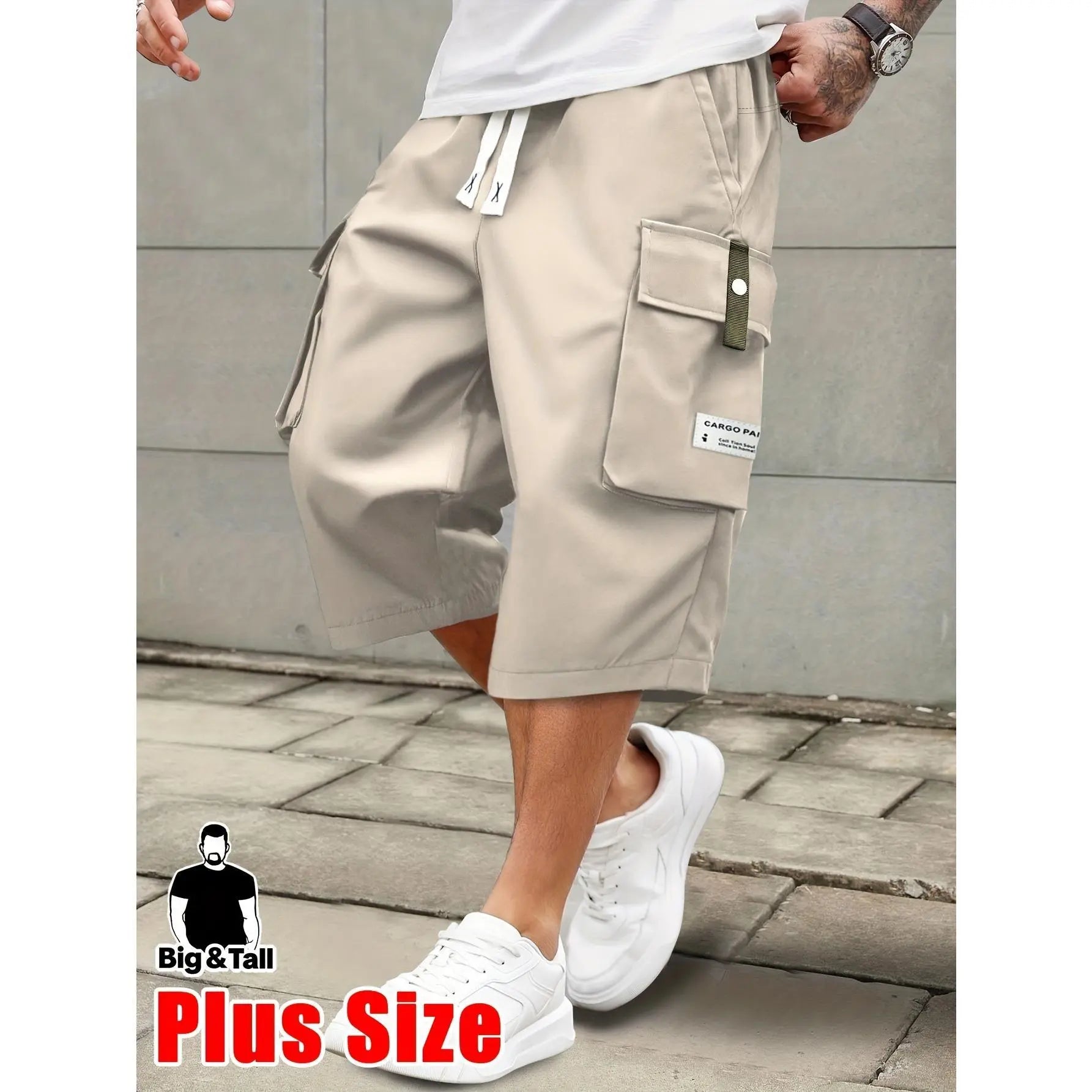 Men's Plus Size Cargo Shorts - Elastic Drawstring Waist & Multi-Pockets