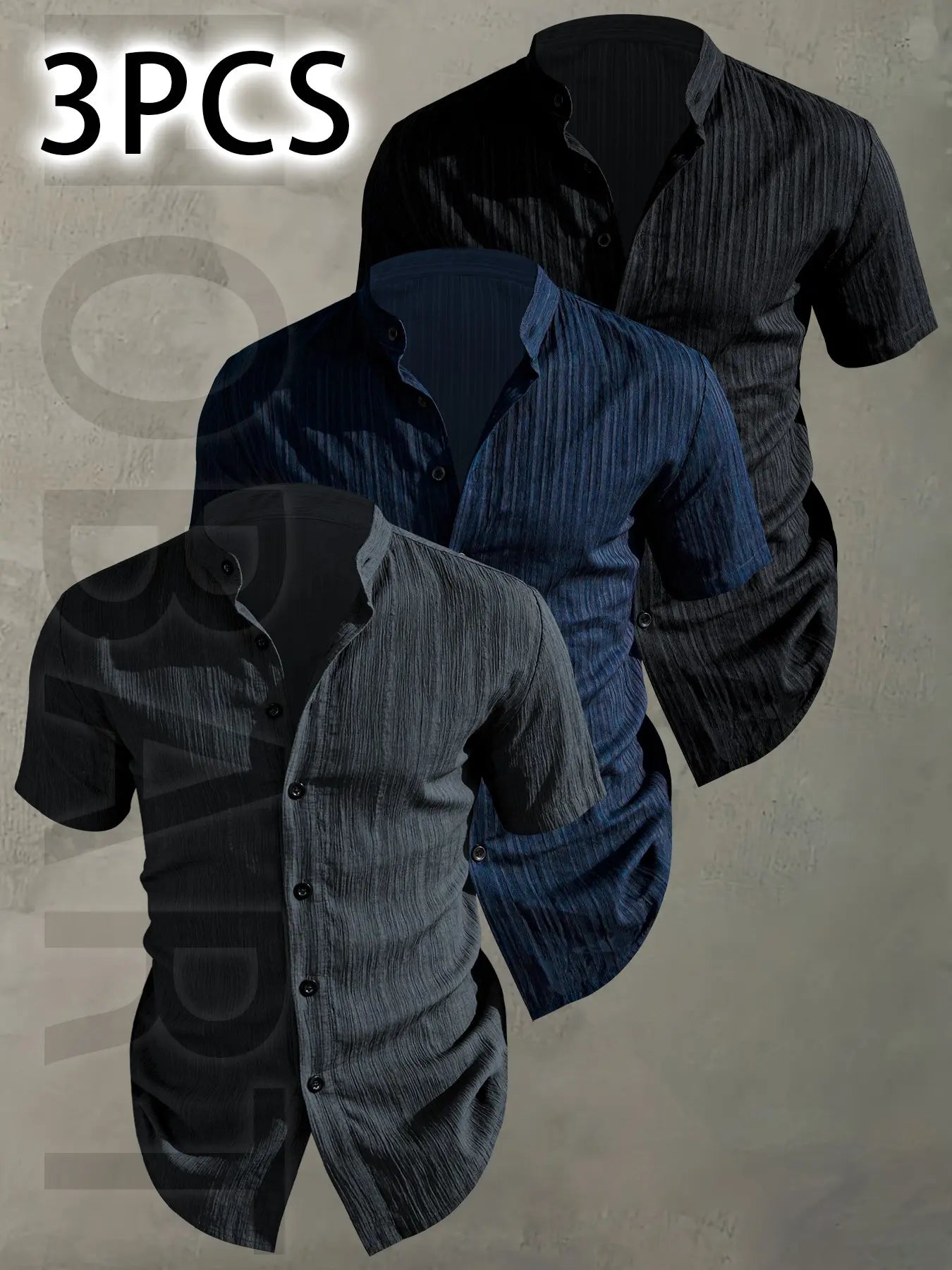 3pcs Men's Summer Lightweight Casual Button-Up Shirts with Stand Collar