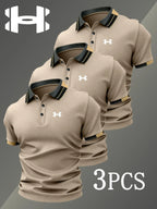 Men's Golf Polo Shirts Set, Fashion Logo Print, Fitted Trendy Casual Geometric Pattern, Breathable Stretchy Fabric, All-Season Comfort, Short Sleeve Polo, Collared Polo Shirts