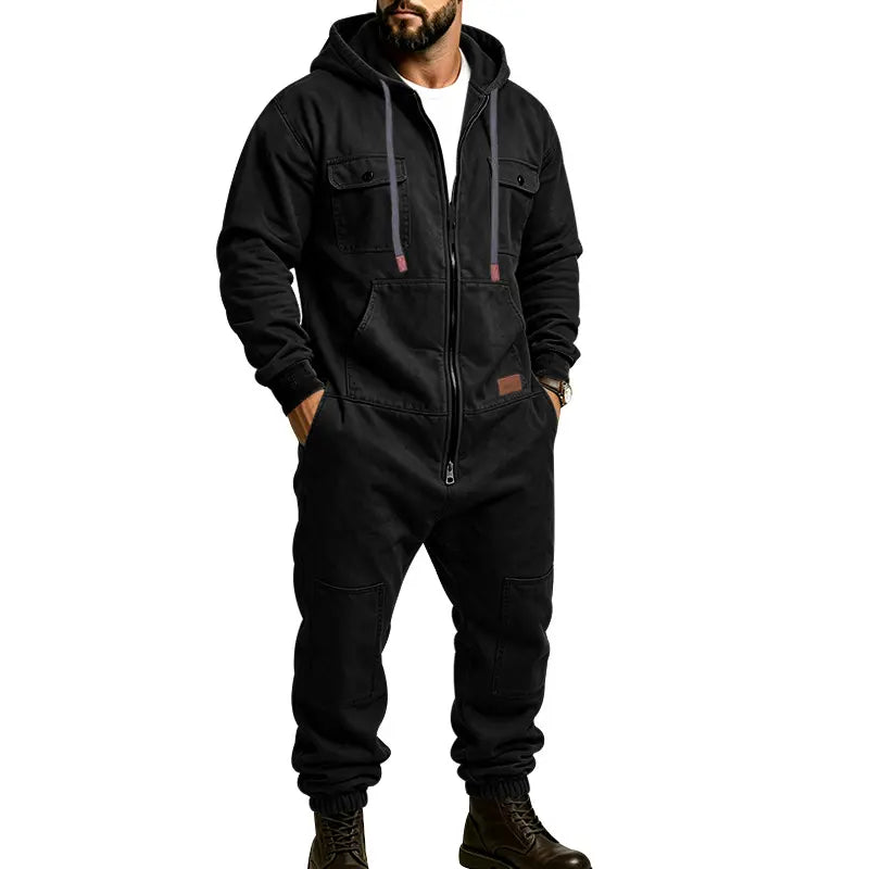 Men’s Hooded Cargo Jumpsuit for Men, Multi-Pocket Zip Front Workwear Coveralls, Relaxed Fit Long Sleeve Utility One Piece Outfit, Outdoor Work Hiking Camping Travel Streetwear Casual Overall with Elastic Cuffs and Drawstring Hood