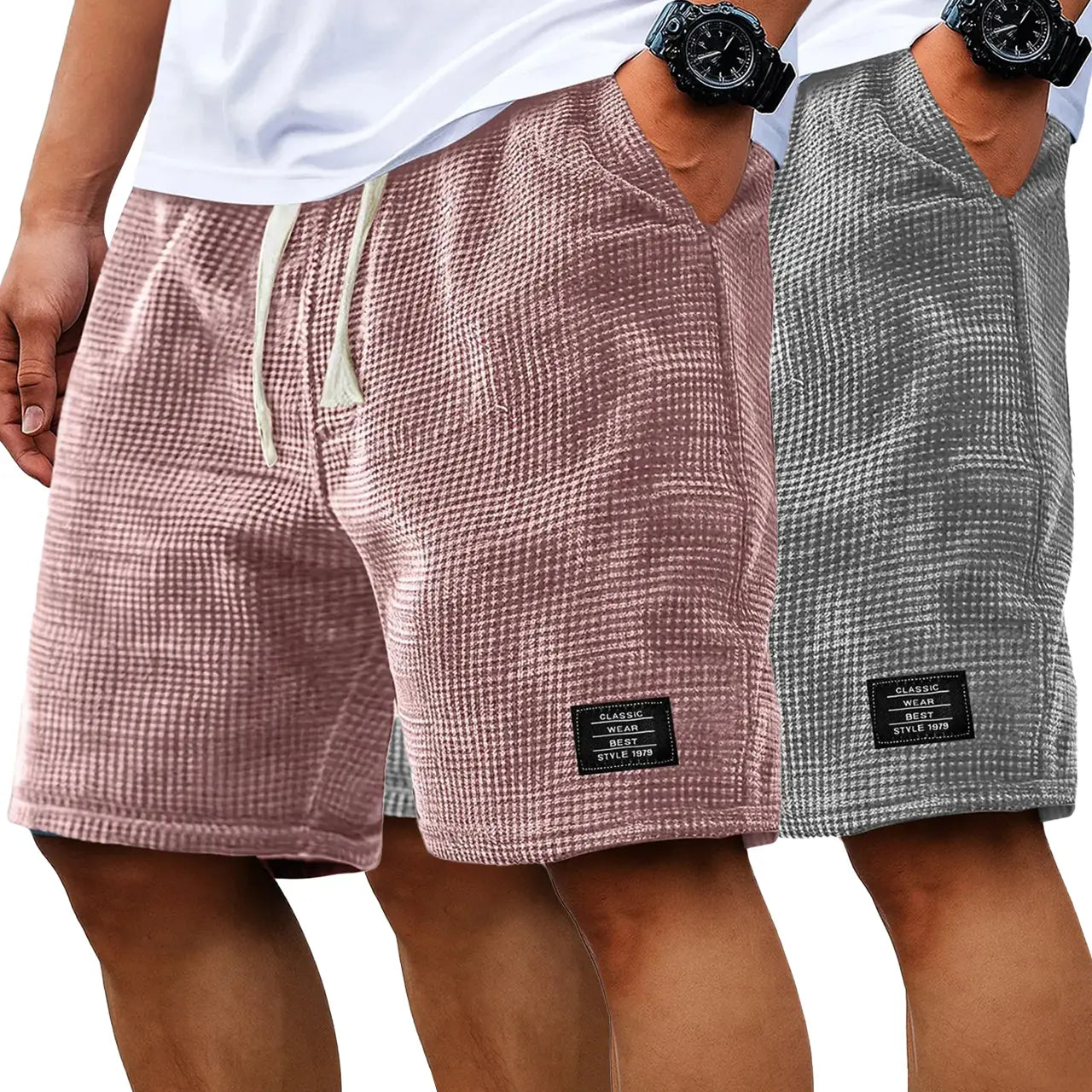 Men's 2-Pack Waffle Casual Shorts (Loose Fit, Solid Color)
