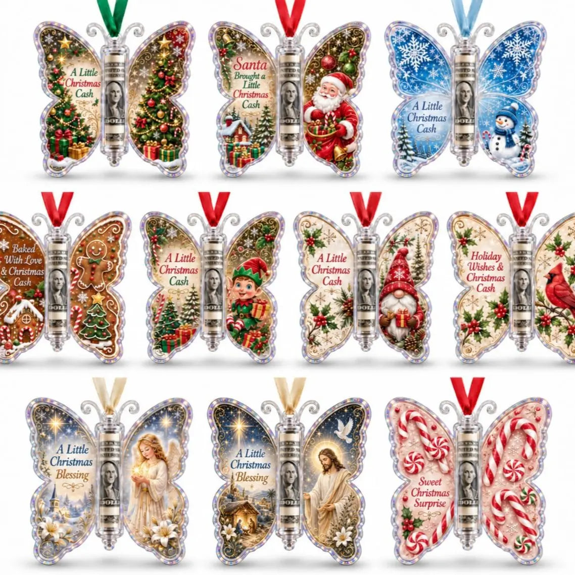 Christmas Cash Gift Ornament - Butterfly Money Holder with Acrylic (5Pcs/1 Set) Clear cash display with transparent holder, a creative Christmas gift idea for holiday tree hanging ornament decor (Peel Off Protective Film for Crystal Clear View)