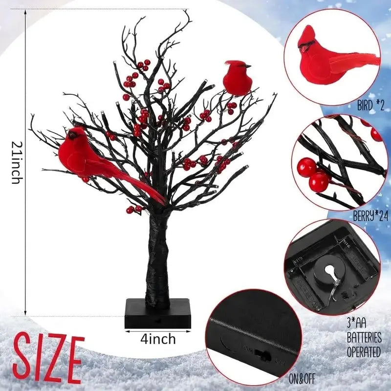 Festival Luminous Vintage Design 2-Piece 21-in Faux Raspberry Tree Stand Decorative Lights - AA-Powered, Red Raspberries, 8 Bird Decorations, Desktop Home/Party Decor for Weddings, Birthdays