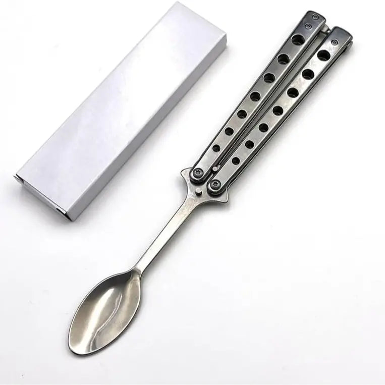 2 Pcs Butterfly Fork and Spoon Set, Tactical Butterfly Spoon Folding Stainless Steel Spork Utensil Set Balisong Trainer for Travel Camping Hunting BBQ Kitchen