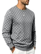 Men's Textured Checkered Knit Sweatshirt, Crew Neck Long Sleeve, Soft Lightweight Casual Top, Minimalist Fall/Winter Knitwear