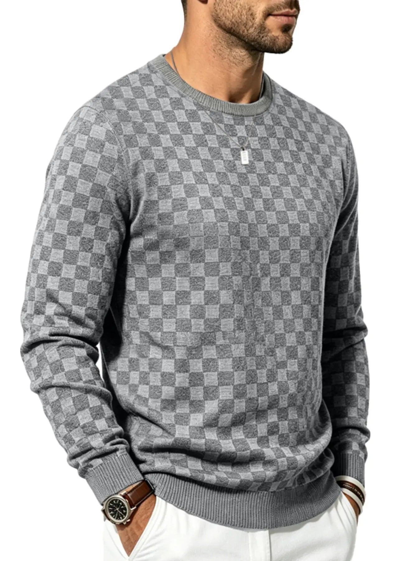 Men's Textured Checkered Knit Sweatshirt, Crew Neck Long Sleeve, Soft Lightweight Casual Top, Minimalist Fall/Winter Knitwear