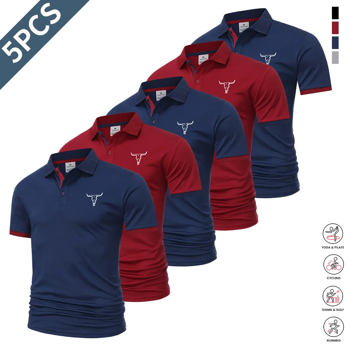 5-piece set: casual men’s short-sleeve polo shirt, quick-dry golf and tennis shirts, comfortable riding apparel, fashionable men’s sportswear; suitable for casual gatherings and holiday travel; contrast design at the neckline and sleeves.