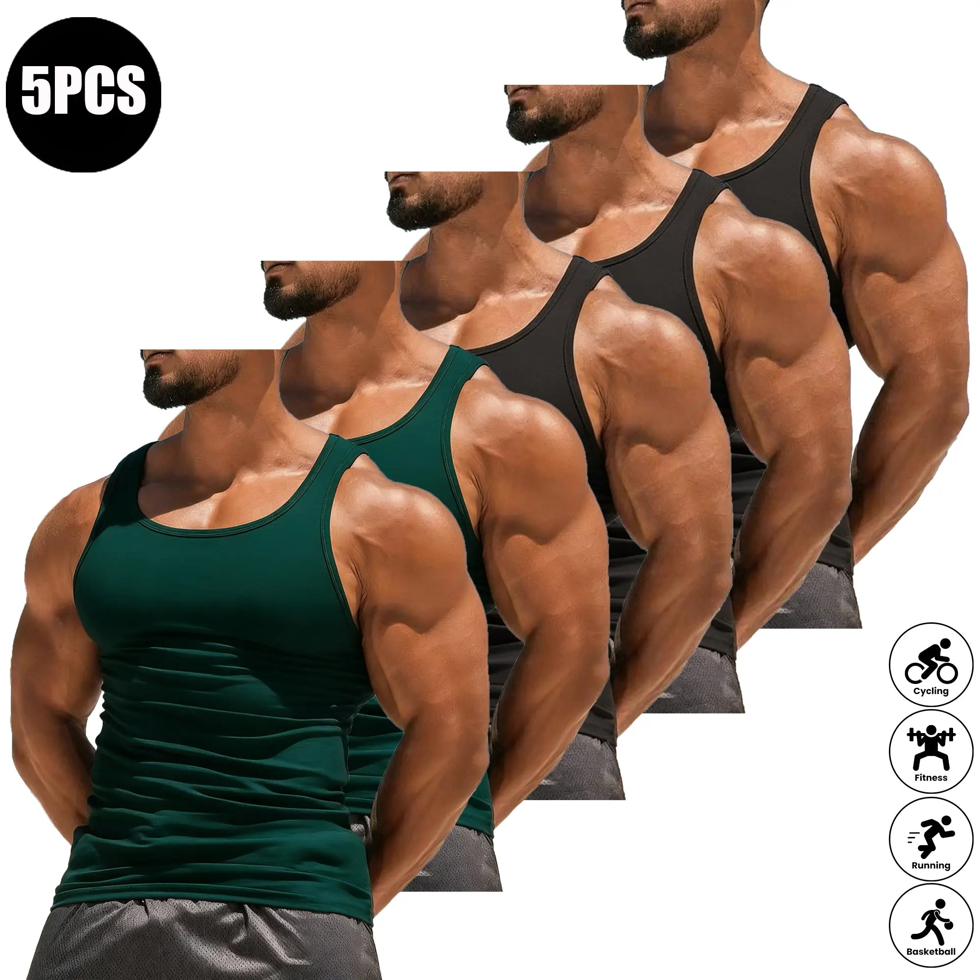 Men’s Summer 5-Pack Solid Color Tank Tops, Lightweight Breathable High-Stretch Sports Shirts, Suitable for Fitness Workouts and Everyday Wear, Plain, Athletic Apparel