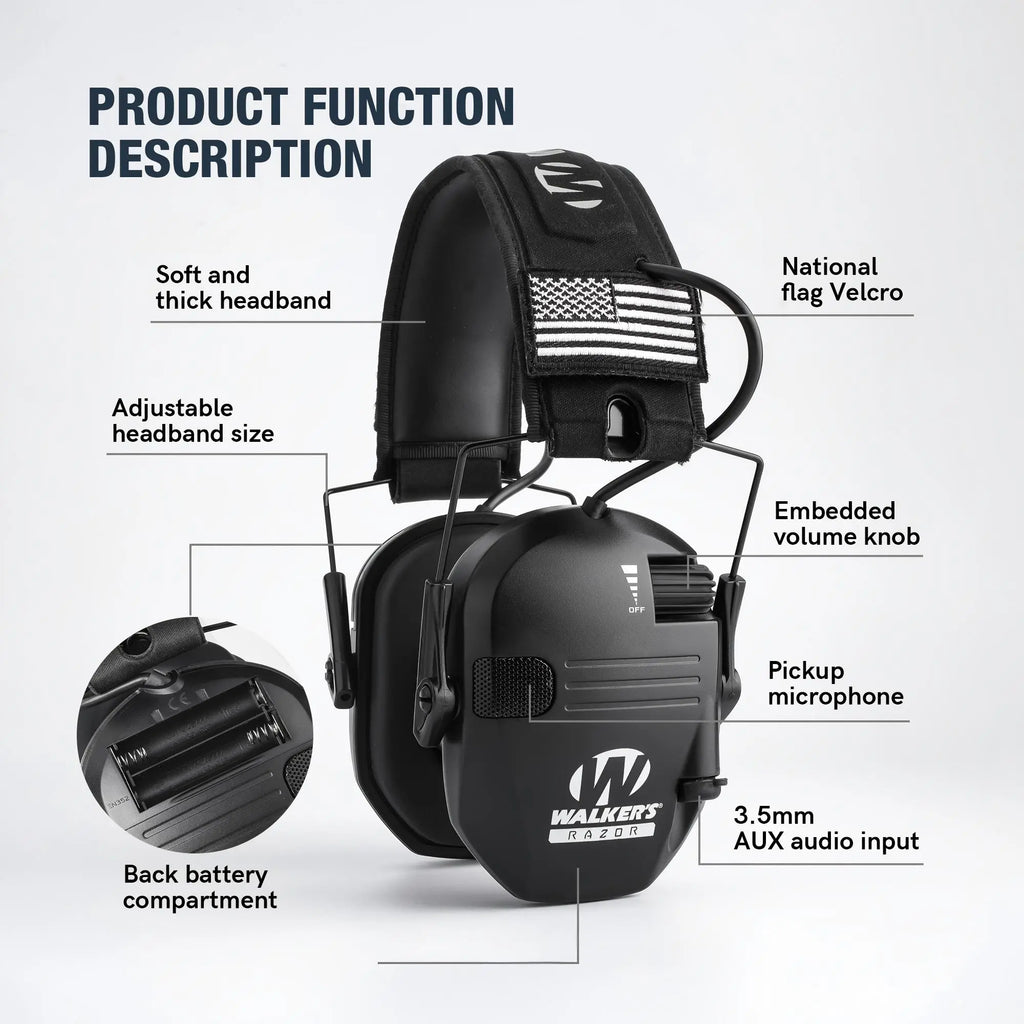 RAZOR Unisex Adjustable Tactical Ear Muffs with Velcro Patches, AAA Batteries & Aux Cable - Sports Over-Ear Noise Reduction Headset for Outdoor Shooting & Hunting