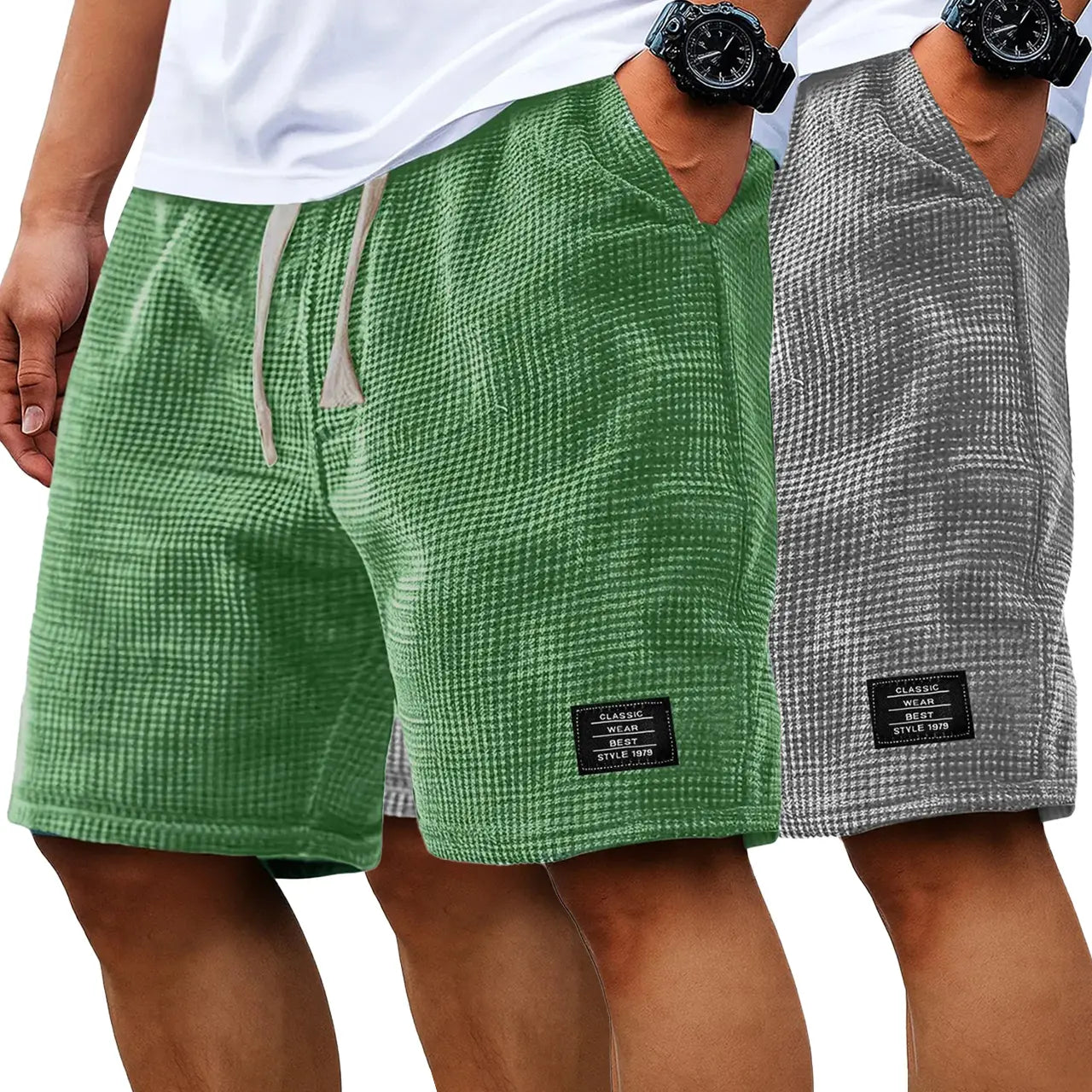 Men's 2-Pack Waffle Casual Shorts (Loose Fit, Solid Color)
