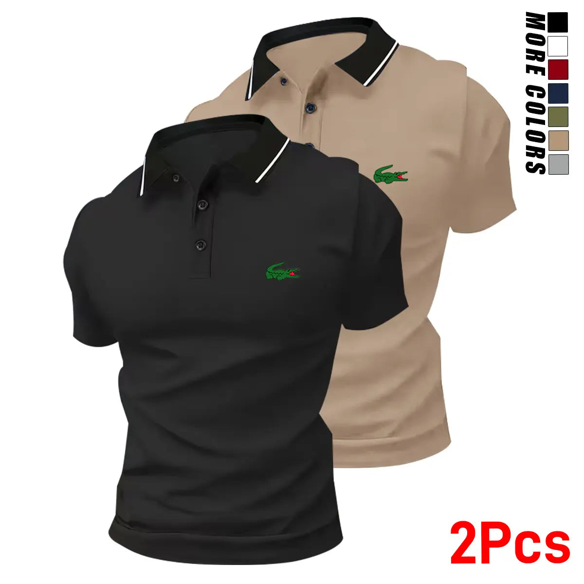 Men’s stylish polo shirt set featuring a small green crocodile print (2 pieces). Fashionable business-casual polo shirts with turn-down collars—comfortable, breathable short sleeves for summer; ideal as a gift.,back to school,back to school shopping