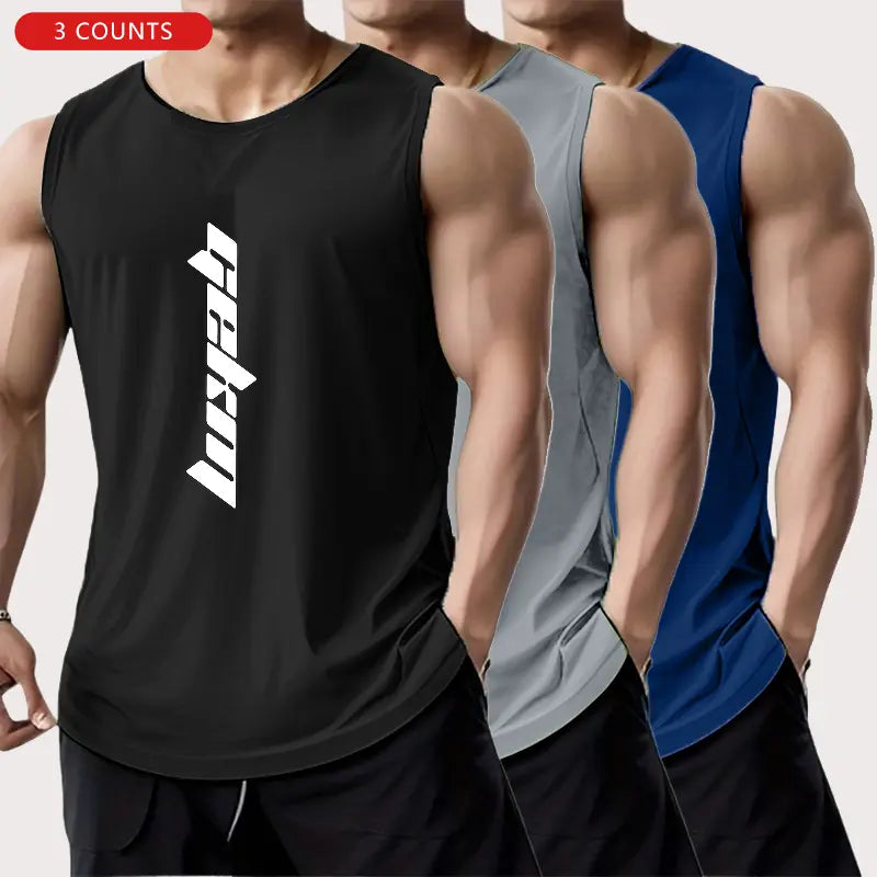 3-Pack Men's Letter Print Basketball Jersey Tank Tops - Breathable Polyester Mesh