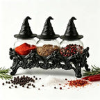 Witch Hat Spice Jar Set of 3 with Gothic Display Stand, Premium Glass Apothecary Spice Jars & Seasoning Containers for Salt, Pepper, Herbs, Spices, Halloween Kitchen Decor, Witchy Home Organization, Gothic Home Decor & Unique Gift