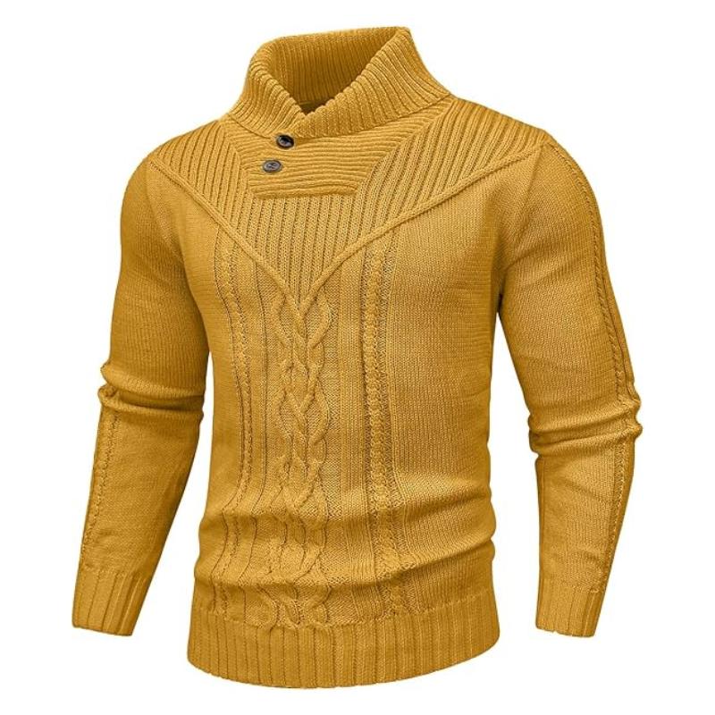 Men's Shawl Collar Cable Knit Pullover Sweater with Button Detail and Long Sleeves for Winter