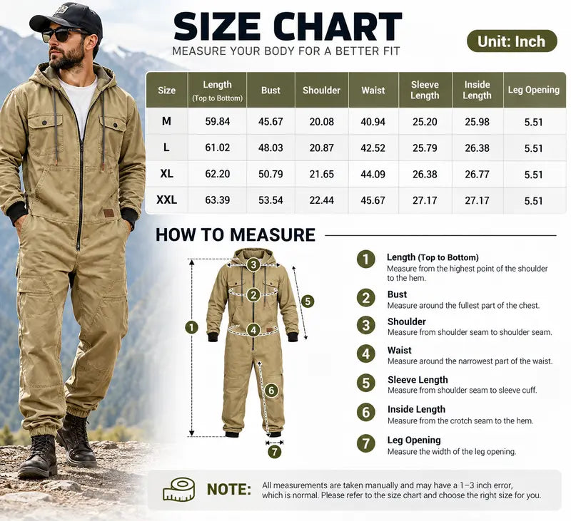 Men’s Hooded Cargo Jumpsuit for Men, Multi-Pocket Zip Front Workwear Coveralls, Relaxed Fit Long Sleeve Utility One Piece Outfit, Outdoor Work Hiking Camping Travel Streetwear Casual Overall with Elastic Cuffs and Drawstring Hood