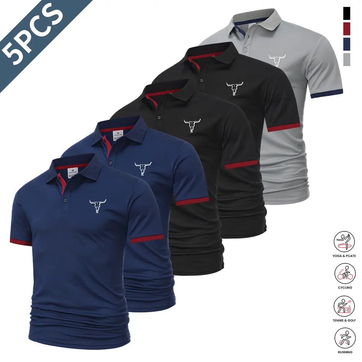5-piece set: casual men’s short-sleeve polo shirt, quick-dry golf and tennis shirts, comfortable riding apparel, fashionable men’s sportswear; suitable for casual gatherings and holiday travel; contrast design at the neckline and sleeves.