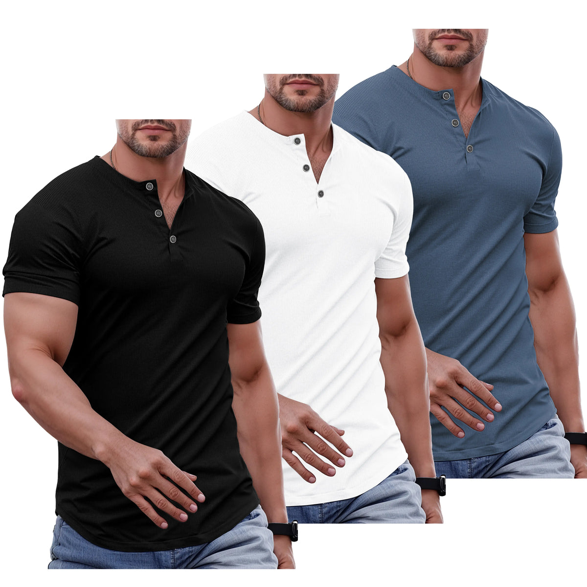 Men's Slim Fit Henley Athletic Longline Workout T-Shirt Heavyweight Stretch