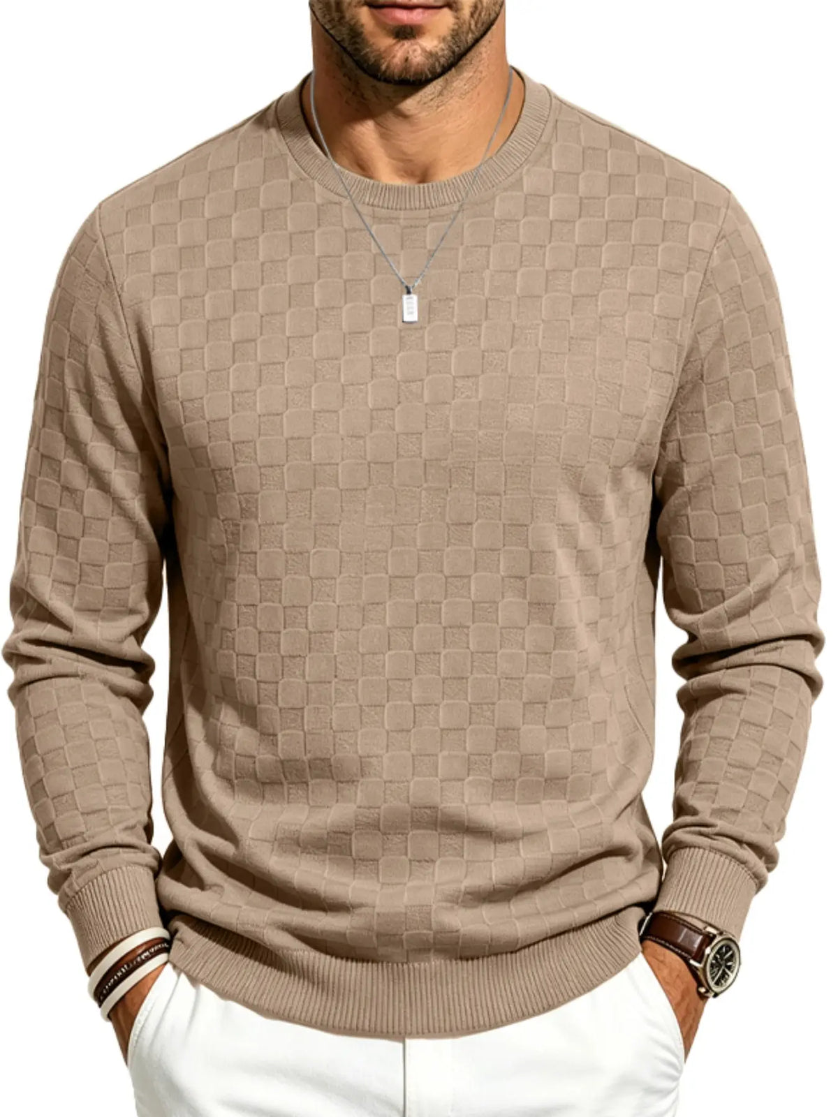 Men's Textured Checkered Knit Sweatshirt, Crew Neck Long Sleeve, Soft Lightweight Casual Top, Minimalist Fall/Winter Knitwear